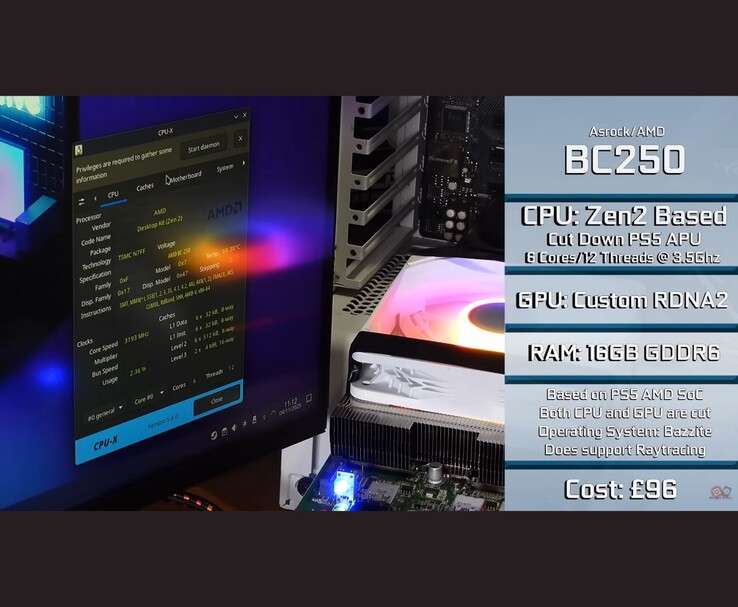 AMD BC250 em execução em uma configuração de desktop, mostrando as especificações do sistema. (Fonte da imagem: Budget-Builds Official via YouTube)