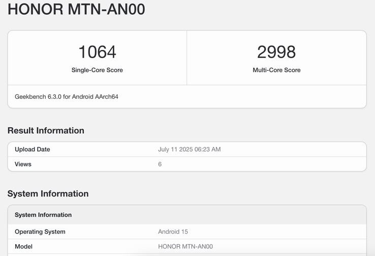 A listagem do Geekbench 6 para o Honor X70 revela um potencial de desempenho nada surpreendente. (Fonte da imagem: Geekbench)
