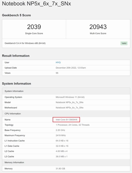 Intel Core i9-13900HX. (Fonte de imagem: Geekbench)