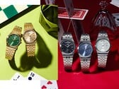 Imagem promocional que mostra a coleção MTP-B146 da Casio, incluindo relógios de aço inoxidável nas tonalidades prata e dourado com mostradores nas cores preto, azul claro, verde e champanhe, cada um com um indicador curvo do dia na posição das 12 horas.