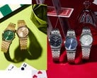 Imagem promocional que mostra a coleção MTP-B146 da Casio, incluindo relógios de aço inoxidável nas tonalidades prata e dourado com mostradores nas cores preto, azul claro, verde e champanhe, cada um com um indicador curvo do dia na posição das 12 horas.