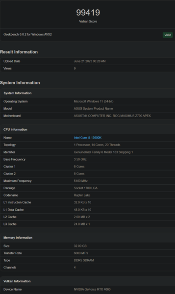Nvidia GeForce Desempenho Vulkan da RTX 4060 (imagem via Geekbench)