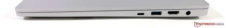 Lado Richt: USB-C 4.0 c/ Thunderbolt 4 (40 Gbps, modo DisplayPort-ALT 1.4, Alimentação), USB 3.2 Gen.1 (5 Gbps), HDMI 2.1 (compatível com G-Sync), alimentação