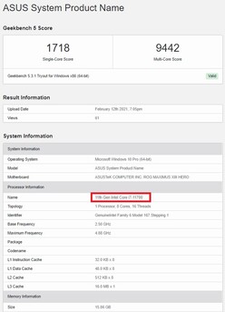 Intel Core i7-11700. (Fonte de imagem: Geekbench)