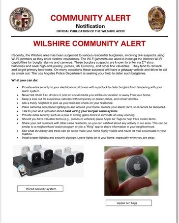 A polícia de Los Angeles está alertando os proprietários de residências sobre ladrões que usam bloqueadores de Wi-Fi para contornar facilmente os sistemas de segurança das residências. (Fonte: LAPD on X)