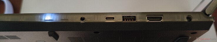 Lado direito: Saída de linha/entrada, USB-C 3.1 (DP 1.4a, PD), USB-A 3.1, HDMI 2.1, entrada CC