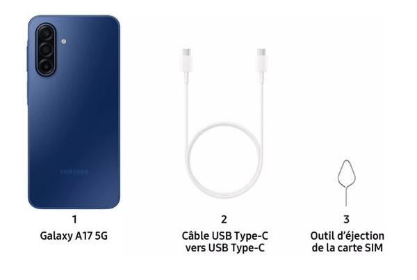 O Galaxy A17 5G virá apenas com um cabo USB-C e um ejetor de SIM. (Fonte da imagem: Samsung)