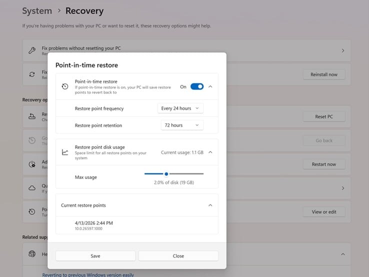 A interface de Restauração em um Momento Específico da Microsoft.
