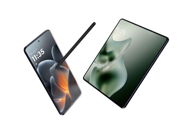 A Moto Pen Ultra ao lado do Motorola Signature e do Razr Fold. (Fonte da imagem: Motorola)