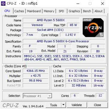 AMD Ryzen 5 5600X CPU-Z info. (Fonte: Validador CPU-Z)
