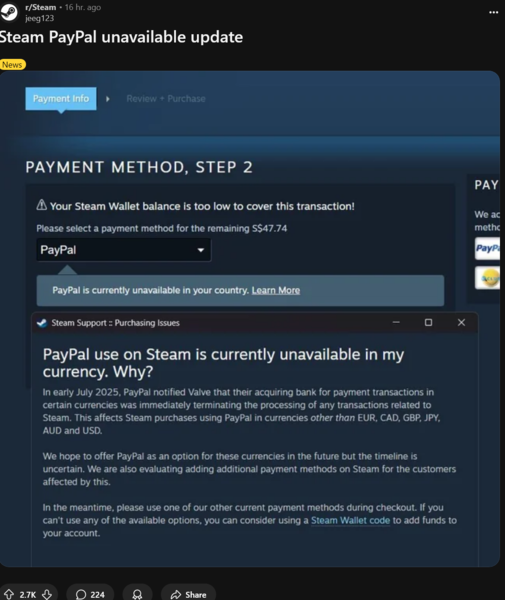 Mensagem do suporte do Steam sobre o uso do PayPal durante o checkout (Fonte da imagem: captura de tela, subreddit do Steam)