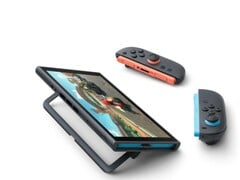 Nintendo Switch 2 apoiado no suporte, com os Joy-Cons removidos.