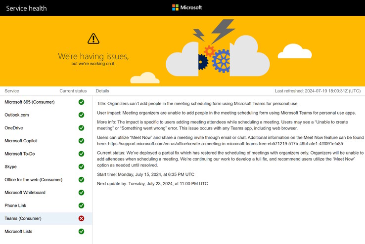 Status do serviço da Microsoft a partir das 18h30 UTC de 19 de julho de 2024. Apenas o Teams continua afetado pela interrupção do Azure. (Fonte da imagem: Microsoft)