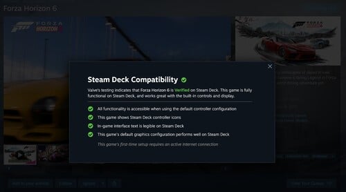Classificação verificada do Forza Horizon 6 Steam Deck