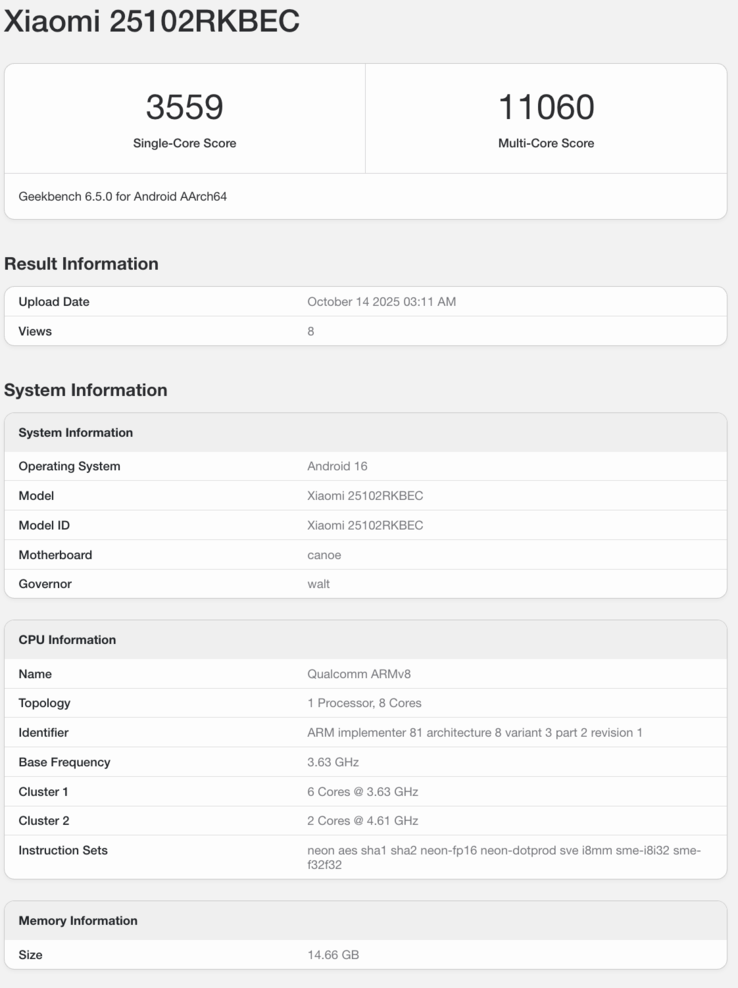 Listagem do Geekbench do Redmi K90 Pro. (Fonte da imagem: Geekbench)