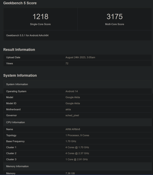 Listagem do Google Pixel 8a no Geekbench (imagem via Geekbench)