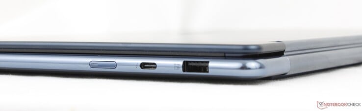 Direita: Botão de alimentação, USB-C (40 Gbps) Thunderbolt 4 com DisplayPort 2.1 + Power Delivery 3.0, USB-A 3.2 Gen. 2 (10 Gbps)