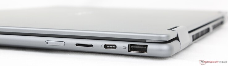 À direita: Botão liga/desliga, leitor MicroSD, USB-C 4.0 com Thunderbolt 4, DisplayPort 2.1 + Power Delivery 3.0, USB-A 3.2 Gen. 1
