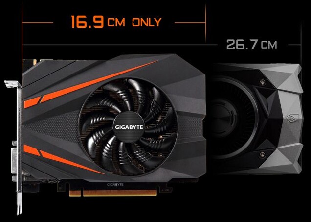 O que o senhor acha das GTX 1080s de tamanho ITX, que se encaixam em construções com as quais a Vega 64 nem sonhava? Será que nos lembramos delas? (Imagem: Gigabyte)