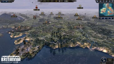 Uma imagem mostrando cidades no mapa-múndi do jogo *A Total War Saga: Thrones of Britannia*.