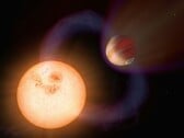 Uma imagem que mostra um exoplaneta e uma estrela no universo.