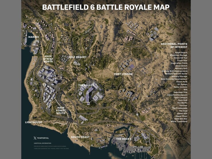 Suposto mapa do battle-royale do Battlefield 6 com locais e pontos de interesse. (Fonte da imagem: Battlefield subreddit, via temporyal)