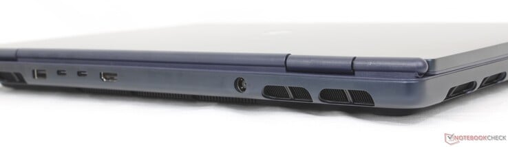 Traseira: USB-A 3.2 Gen. 1 (5 Gbps), 1x USB-C Thunderbolt 4 c/ DisplayPort 2.1 (40 Gbps), 1x USB-C 3.2 Gen. 2 c/ DisplayPort + Power Delivery (10 Gbps), HDMI 2.1, adaptador CA