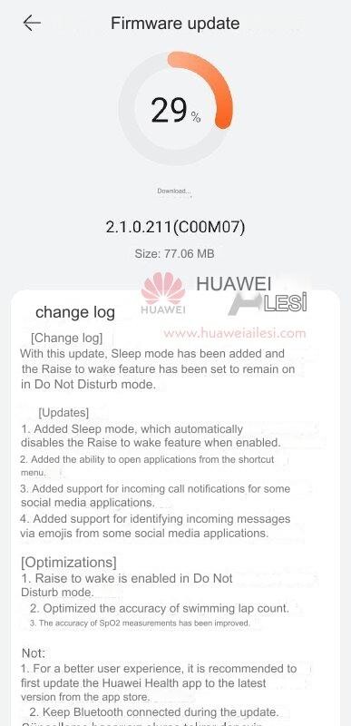 Registro de alterações da versão 2.1.0.211 do software do Huawei Watch Fit 2. (Fonte da imagem: Huawei Ailesi com Google Translate)