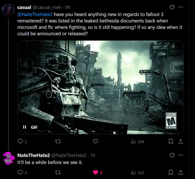 Postagem de NateTheHate X sobre a remasterização de Fallout 3 (Fonte da imagem: captura de tela, conta NateTheHate2 X)