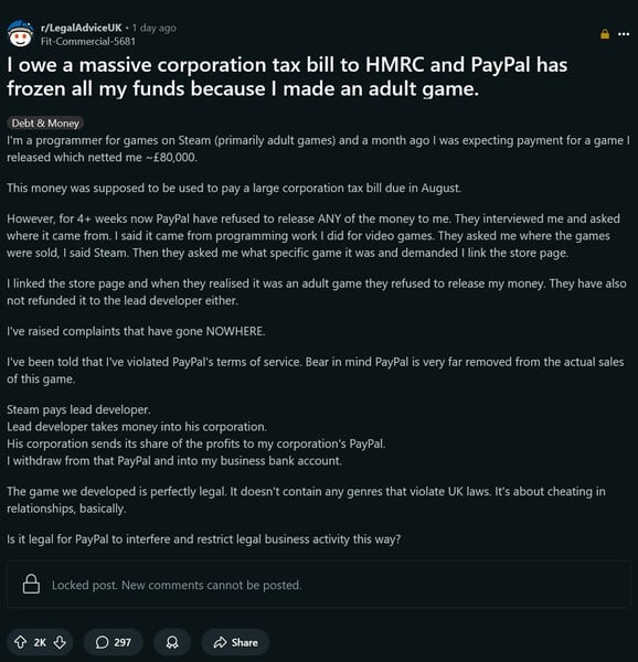 Disputa do PayPal com programador de jogos para adultos Postagem no Reddit (Fonte da imagem: captura de tela, subreddit Legal Advice UK)