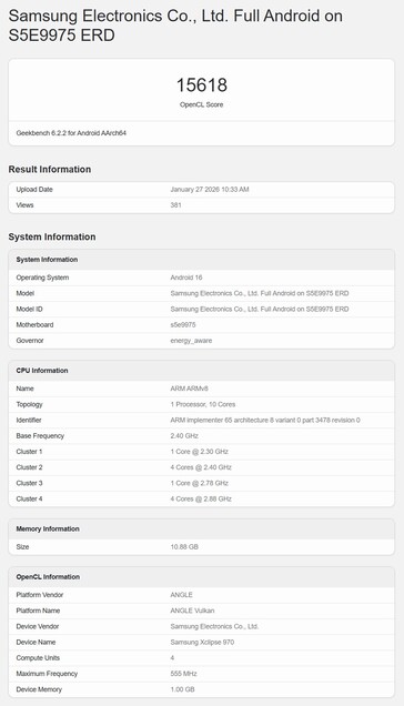 Um suposto teste do Exynos 2700 no teste Geekbench OpenCL.