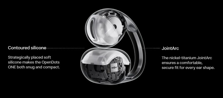Os fones de ouvido Shokz OpenDots ONE utilizam níquel-titânio nas faixas JointArc para mantê-los firmemente presos às orelhas durante exercícios intensos. (Fonte da imagem: Shokz)