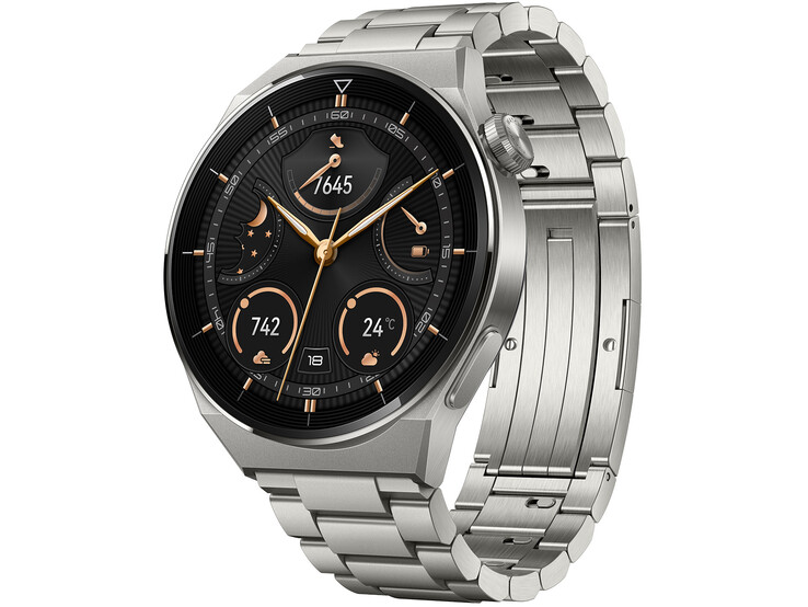 O relógio Huawei GT 3 Pro de 46 milímetros com uma pulseira de titânio é o modelo topo de gama do fabricante chinês.