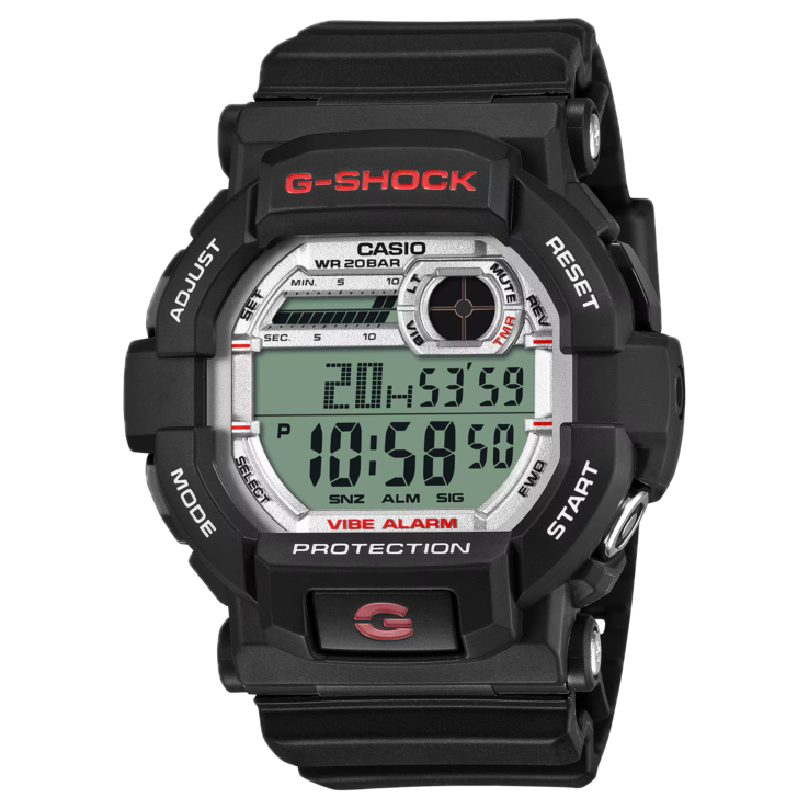 Vista frontal do G-Shock GD-350S, destacando sua caixa preta e seu visor digital.