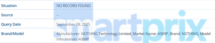 Listagem do banco de dados IMEI de um celular Nothing com o número de modelo A069P (Fonte da imagem: Smartprix)