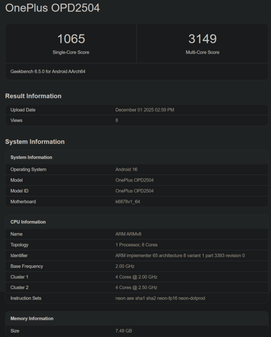 Listagem do OnePlus Pad Go 2 no Geekbench (fonte da imagem: Geekbench)