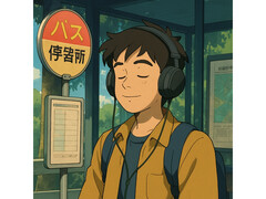 Uma ilustração gerada por IA no estilo das obras do Studio Ghibli. Ela mostra um jovem sentado serenamente em uma estação de ônibus enquanto ouve música. (Fonte da imagem: Gerada com ChatGPT)