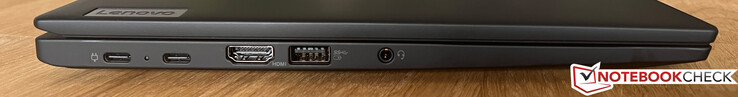 Esquerda: 2x USB-C 4.0 (40 GBit/s, Power Delivery 3.0, DisplayPort Alt Mode 1.4), HDMI 2.1, USB-A 3.2 Gen.1 (5 GBit/s, alimentado), áudio de 3,5 mm
