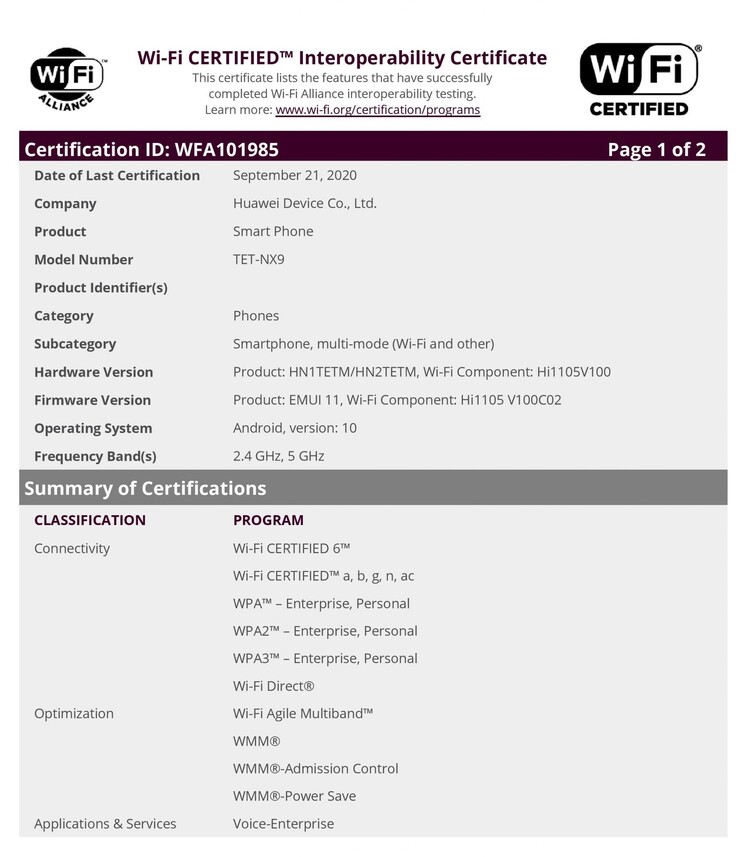 O certificado Wi-Fi para o "Huawei Mate X2". (Fonte: Wi-Fi Alliance via MyFixGuide)