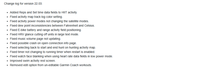 As notas de lançamento da atualização da versão beta 22.03 da Garmin para o Fenix 7. (Fonte da imagem: Garmin)
