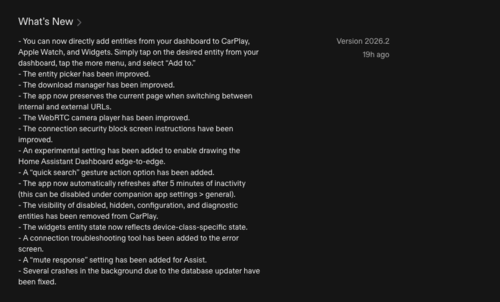 O registro de alterações do aplicativo Home Assistant para iOS versão 2026.2