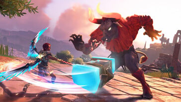 Uma imagem mostrando uma batalha contra um minotauro em Immortals Fenyx Rising.