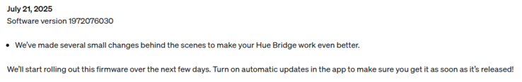 As notas de lançamento da versão de firmware do Philips Hue Bridge 1972076030. (Fonte da imagem: Philips Hue)