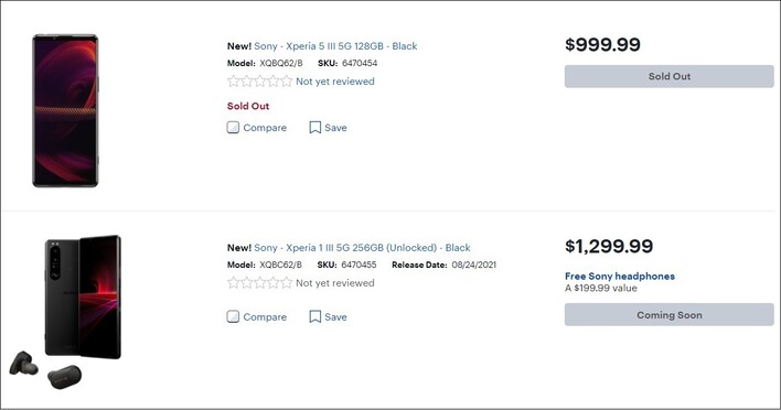Preços Sony Xperia 5 III e Xperia 1 III. (Fonte da imagem: Best Buy)