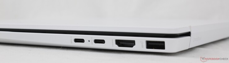 Direita: 2x USB-C 1/ DisplayPort 2.1 + Power Delivery (10 Gbps), HDMI 2.1, USB-A (10 Gbps)