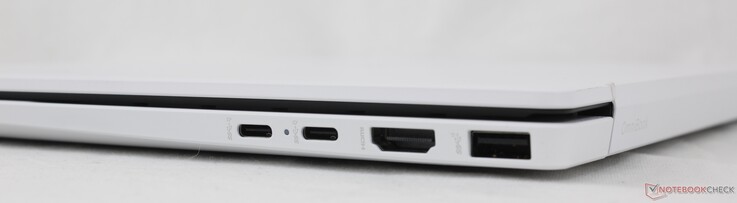 Direita: 2x USB-C 1/ DisplayPort 2.1 + Power Delivery (10 Gbps), HDMI 2.1, USB-A (10 Gbps)