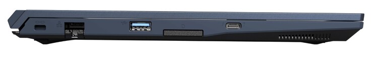 lado esquerdo: Kensington Lock, RJ45 LAN, USB-A 3.2 Gen1, leitor de cartões, USB-C 4.0 Gen3x2 (incl. Thunderbolt 4 &amp; DisplayPort 1.4)