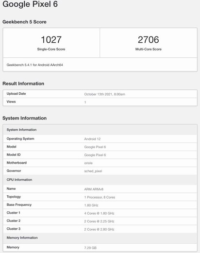 Google Pixel 6. (Fonte da imagem: Geekbench via MySmartPrice)