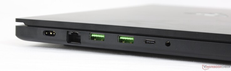 Esquerda: adaptador AC, 2,5 Gbit RJ-45, 2x USB 3.2 Gen. 2, USB-C 3.2 Gen. 2, 3,5 mm de áudio combinado