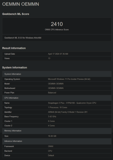 Pontuações do Geekbench do Snapdragon X Plus X1P64100 (imagem via Geekbench)